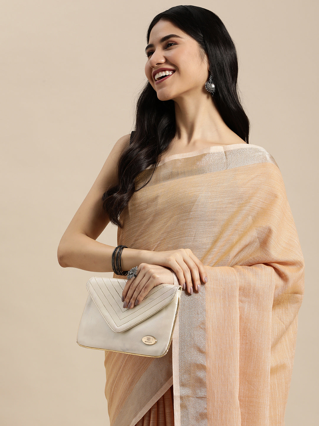 Shree Shyam Fashion Elegant Tan Woven Linen Saree with Contrast Zari Border & Tassels - Soft & Breathable Party Wear - Distacart