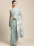 Shree Shyam Fashion Elegant Sea Green Woven Linen Saree with Contrast Zari Border & Tassels - Soft & Breathable Party Wear - Distacart