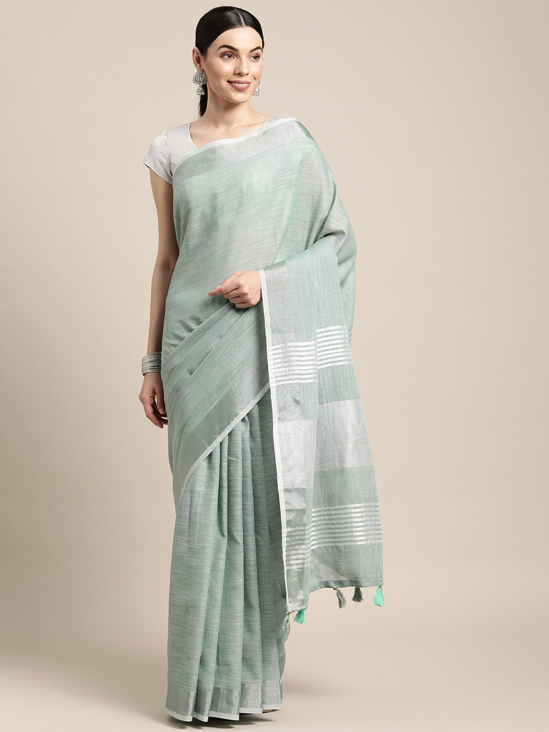 Shree Shyam Fashion Elegant Sea Green Woven Linen Saree with Contrast Zari Border & Tassels - Soft & Breathable Party Wear - Distacart