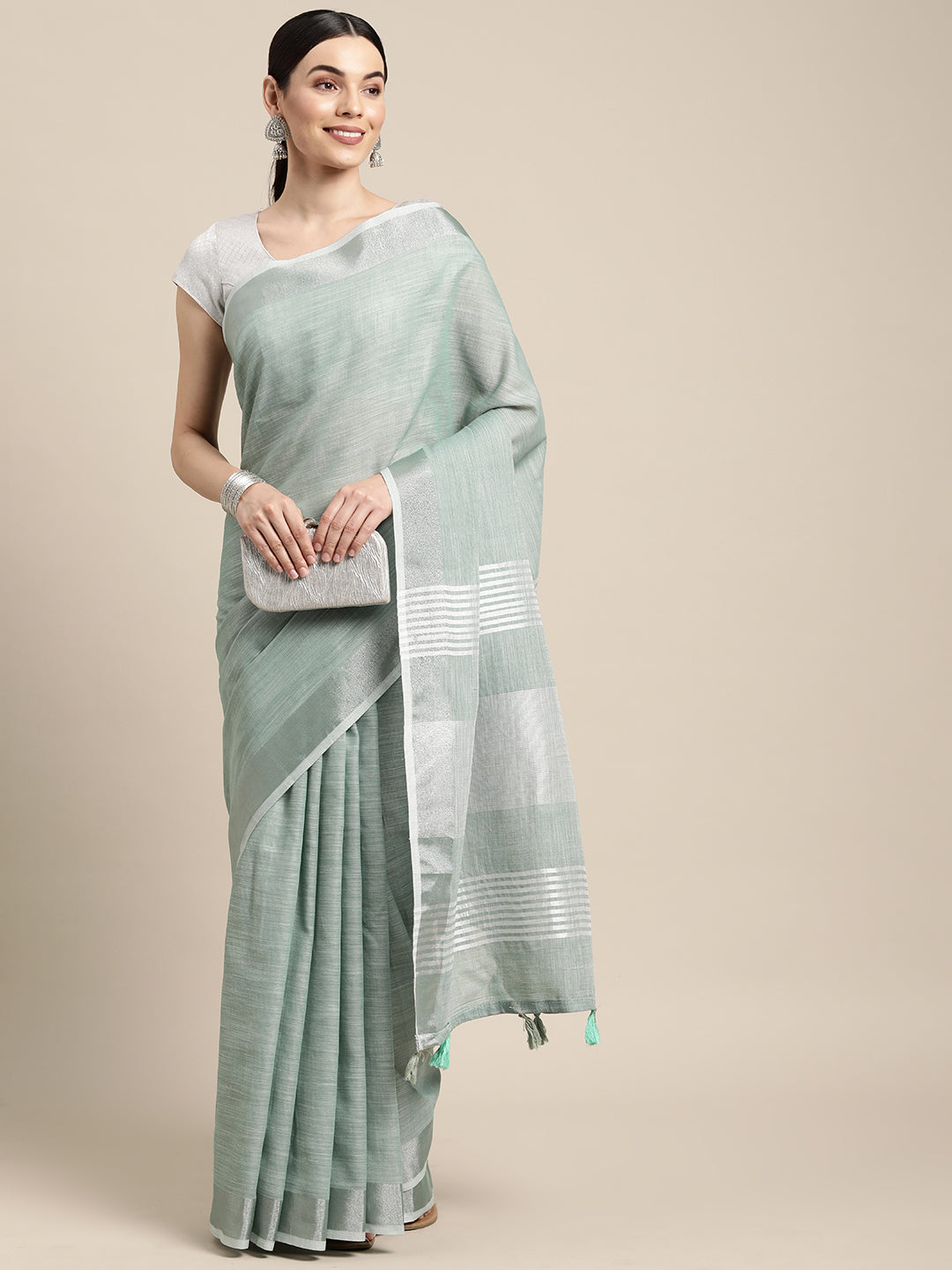 Shree Shyam Fashion Elegant Sea Green Woven Linen Saree with Contrast Zari Border & Tassels - Soft & Breathable Party Wear - Distacart