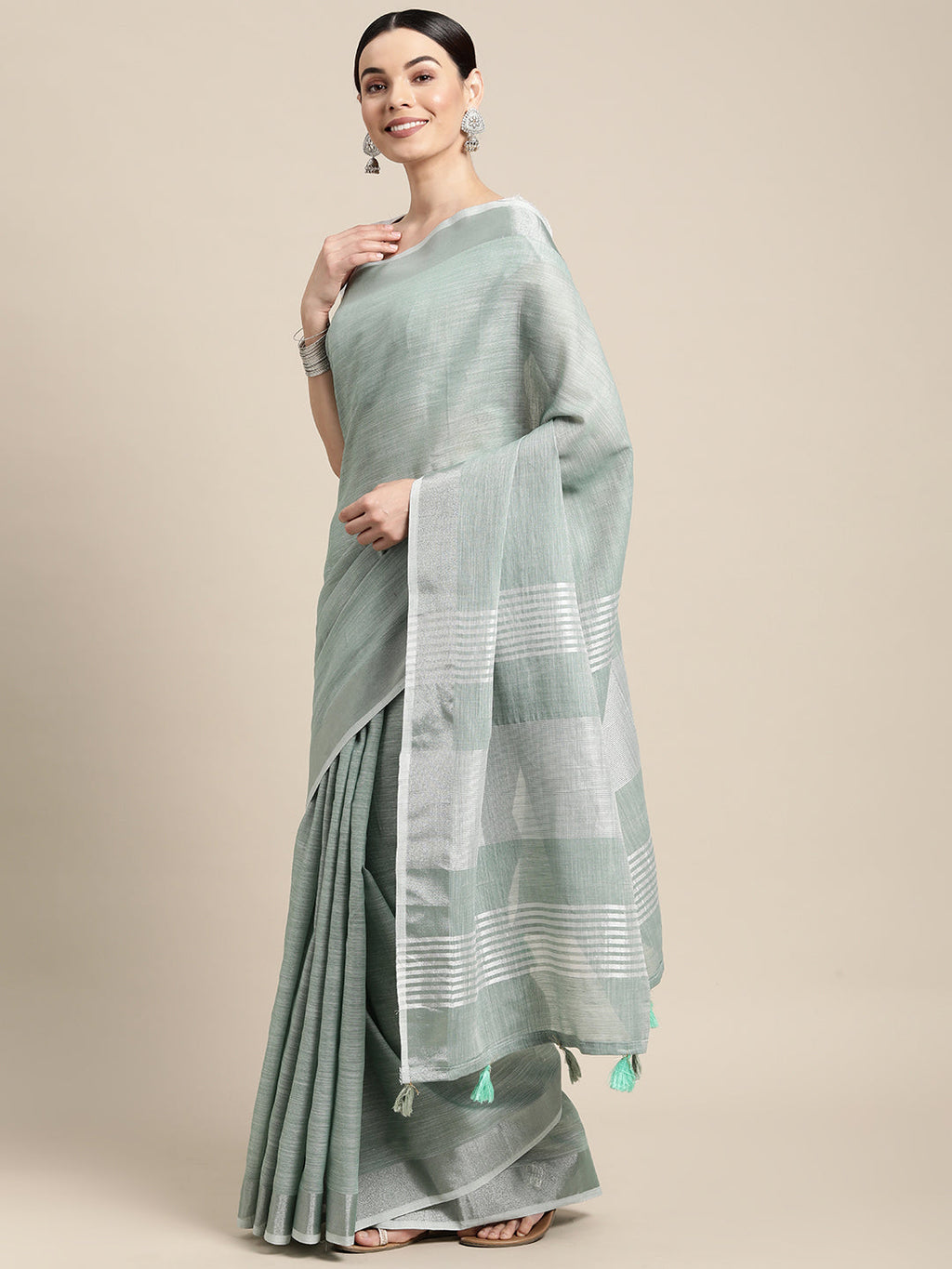 Shree Shyam Fashion Elegant Sea Green Woven Linen Saree with Contrast Zari Border & Tassels - Soft & Breathable Party Wear - Distacart