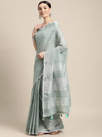 Shree Shyam Fashion Elegant Sea Green Woven Linen Saree with Contrast Zari Border & Tassels - Soft & Breathable Party Wear - Distacart