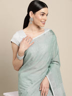 Shree Shyam Fashion Elegant Sea Green Woven Linen Saree with Contrast Zari Border & Tassels - Soft & Breathable Party Wear - Distacart