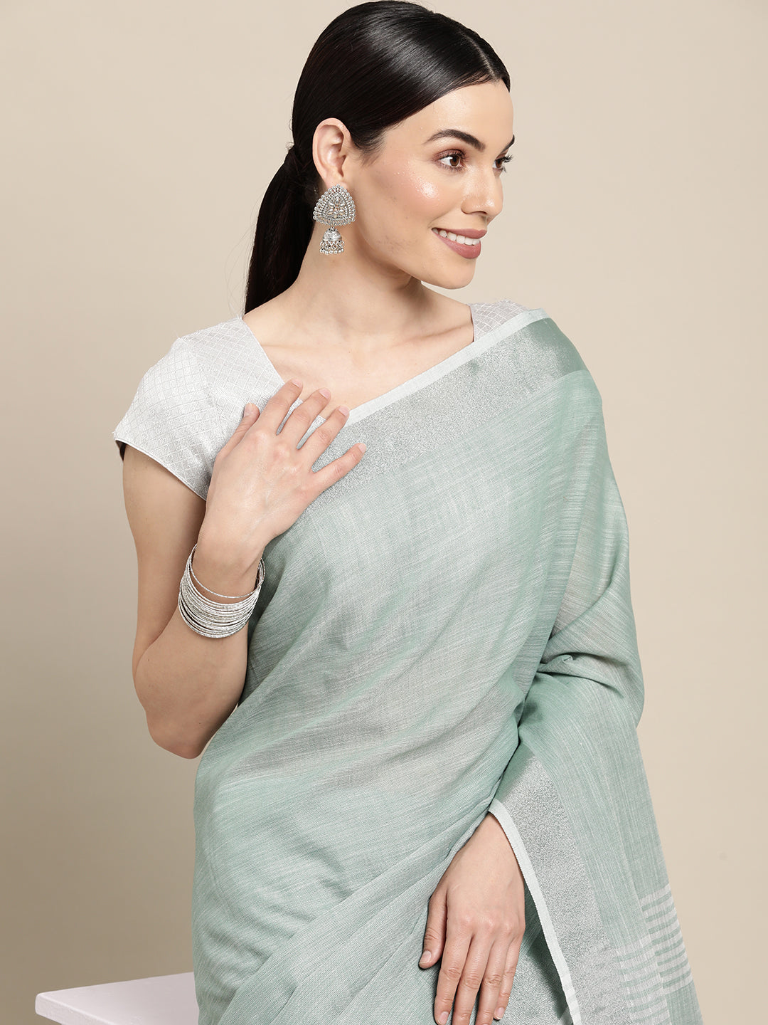 Shree Shyam Fashion Elegant Sea Green Woven Linen Saree with Contrast Zari Border & Tassels - Soft & Breathable Party Wear - Distacart