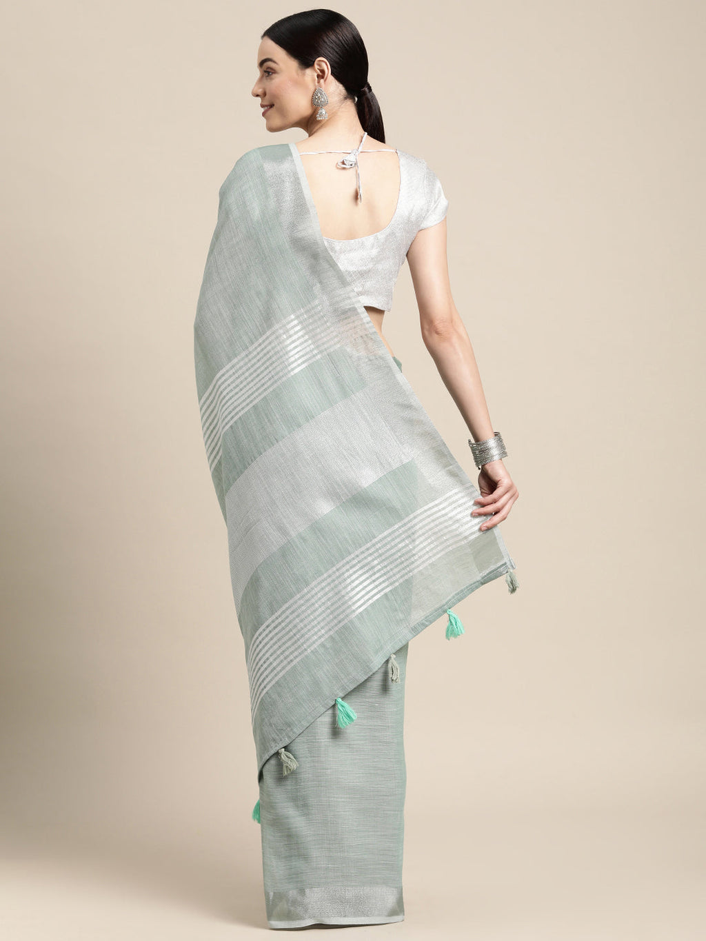 Shree Shyam Fashion Elegant Sea Green Woven Linen Saree with Contrast Zari Border & Tassels - Soft & Breathable Party Wear - Distacart