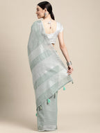 Shree Shyam Fashion Elegant Sea Green Woven Linen Saree with Contrast Zari Border & Tassels - Soft & Breathable Party Wear - Distacart