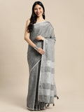 Shree Shyam Fashion Elegant Dark Grey Woven Linen Saree with Contrast Zari Border & Tassels - Soft & Breathable Party Wear - Distacart