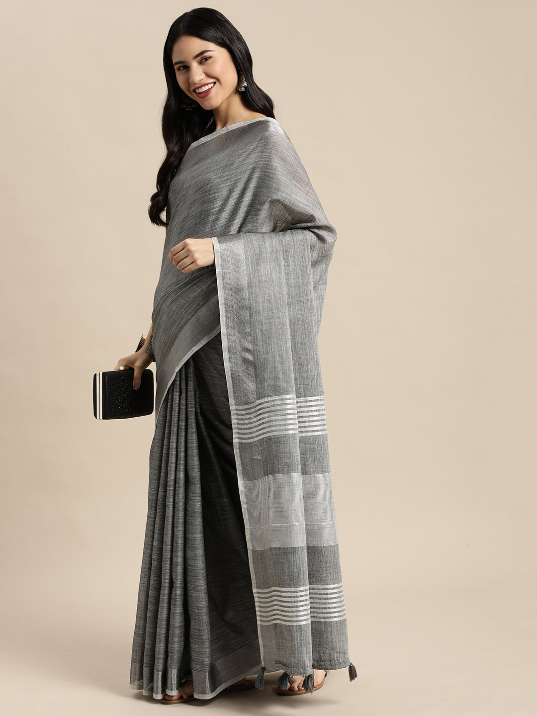 Shree Shyam Fashion Elegant Dark Grey Woven Linen Saree with Contrast Zari Border & Tassels - Soft & Breathable Party Wear - Distacart