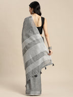 Shree Shyam Fashion Elegant Dark Grey Woven Linen Saree with Contrast Zari Border & Tassels - Soft & Breathable Party Wear - Distacart