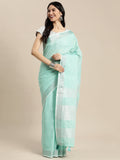 Shree Shyam Fashion Elegant Turquoise Woven Linen Saree with Contrast Zari Border & Tassels - Soft & Breathable Party Wear - Distacart