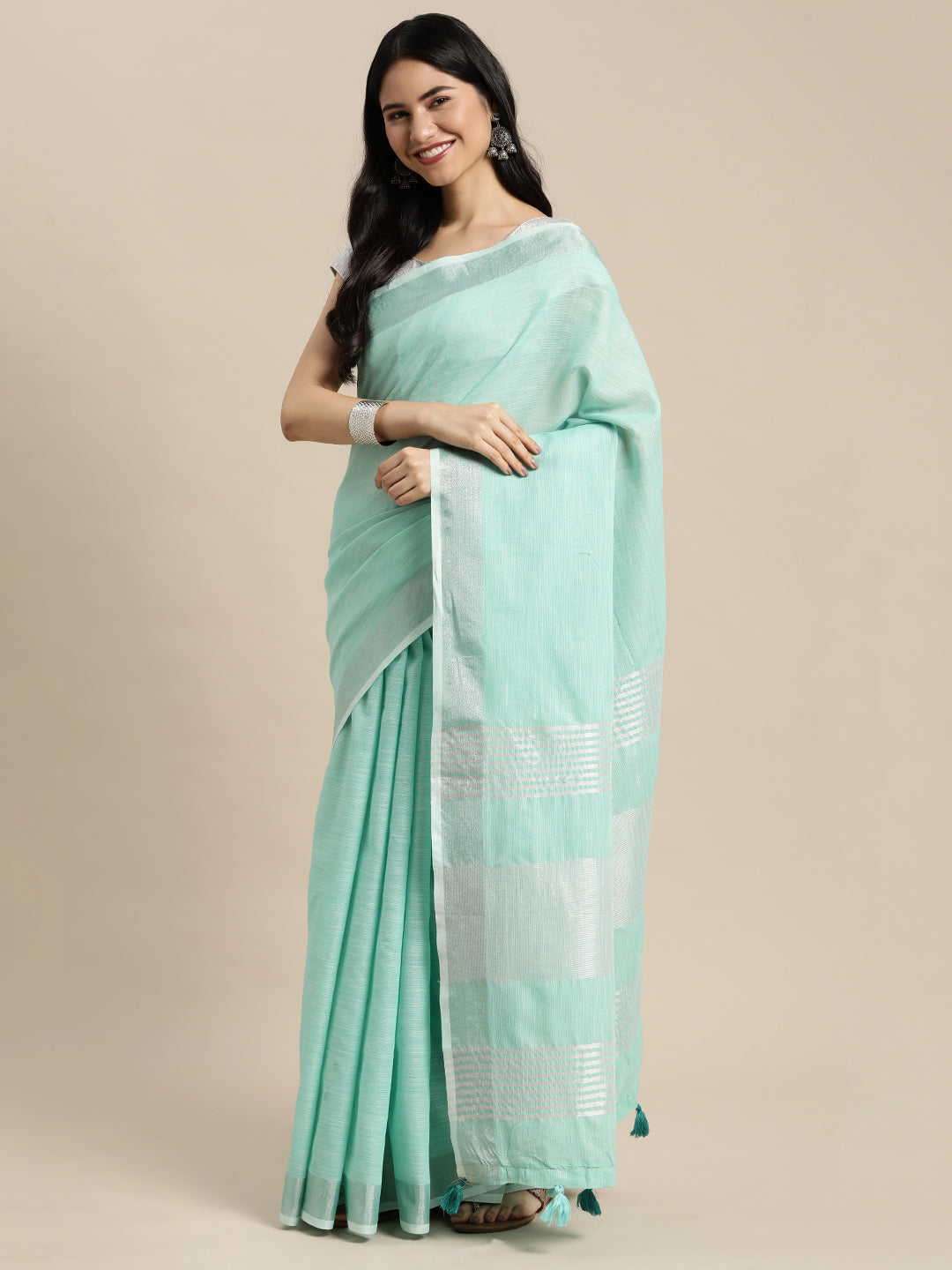 Shree Shyam Fashion Elegant Turquoise Woven Linen Saree with Contrast Zari Border & Tassels - Soft & Breathable Party Wear - Distacart