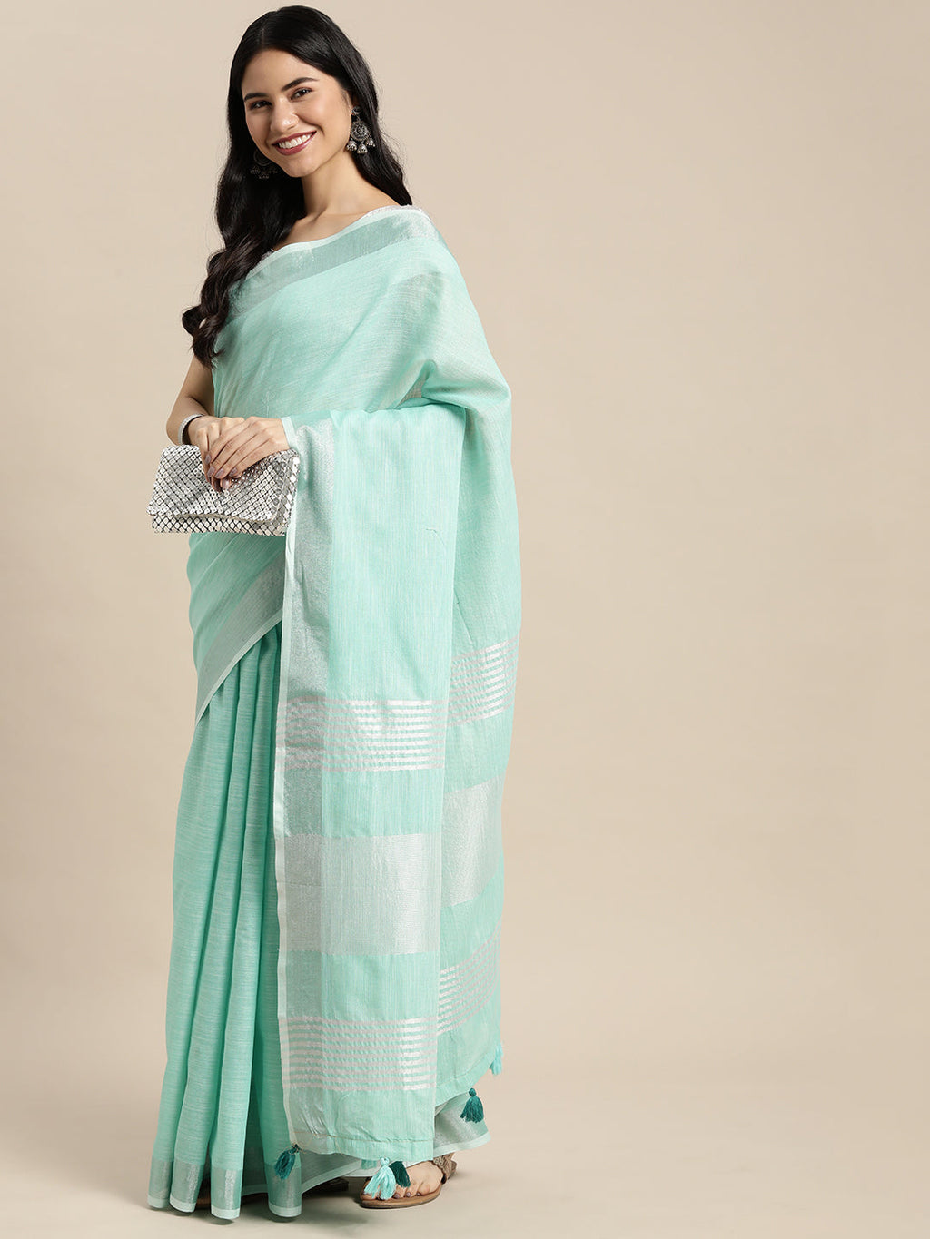 Shree Shyam Fashion Elegant Turquoise Woven Linen Saree with Contrast Zari Border & Tassels - Soft & Breathable Party Wear - Distacart