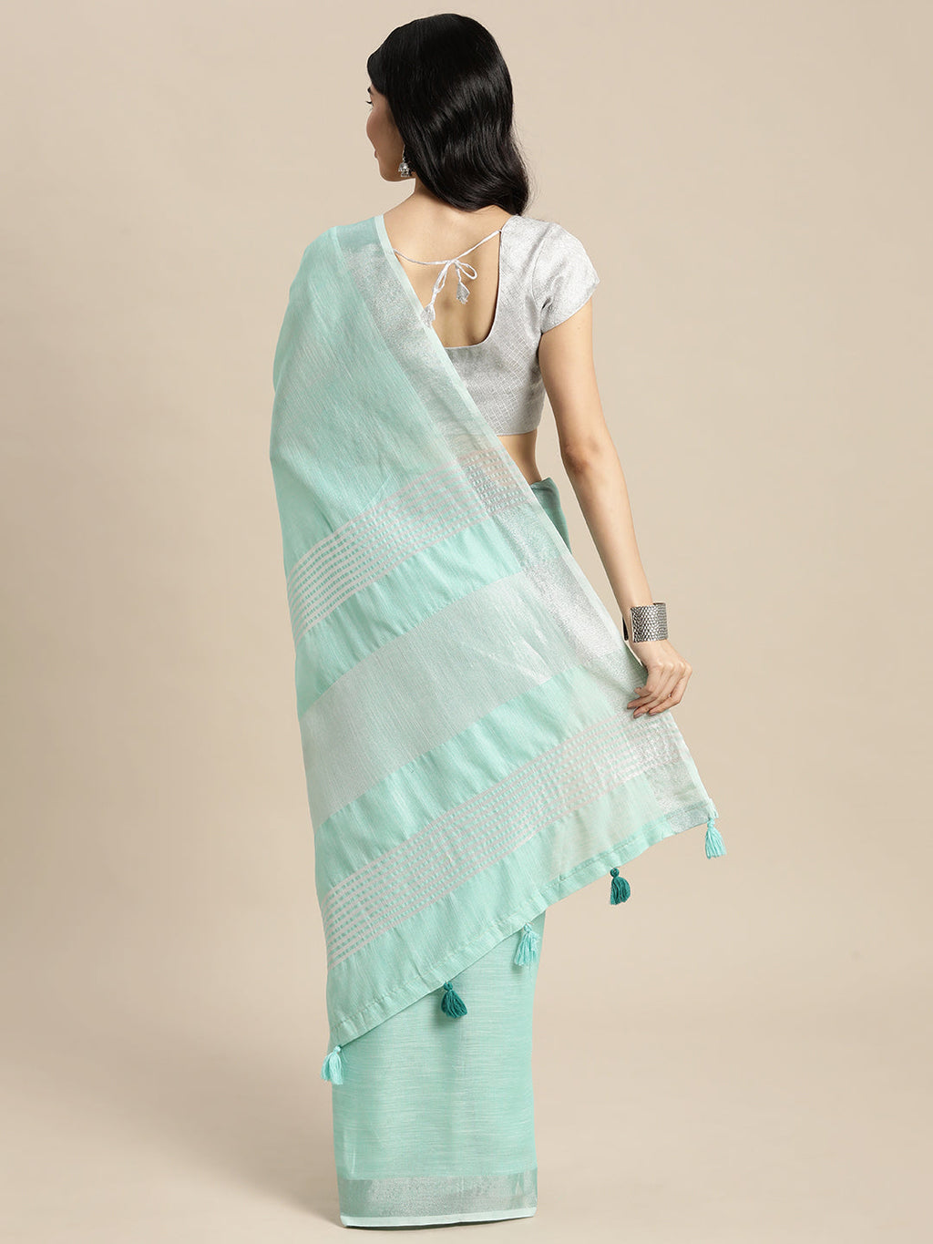 Shree Shyam Fashion Elegant Turquoise Woven Linen Saree with Contrast Zari Border & Tassels - Soft & Breathable Party Wear - Distacart