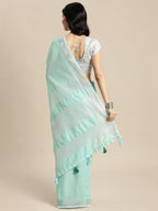 Shree Shyam Fashion Elegant Turquoise Woven Linen Saree with Contrast Zari Border & Tassels - Soft & Breathable Party Wear - Distacart