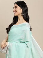 Shree Shyam Fashion Elegant Turquoise Woven Linen Saree with Contrast Zari Border & Tassels - Soft & Breathable Party Wear - Distacart