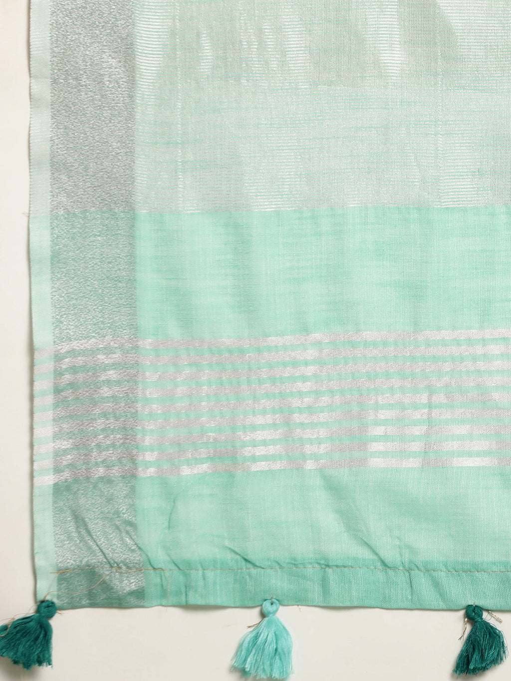 Shree Shyam Fashion Elegant Turquoise Woven Linen Saree with Contrast Zari Border & Tassels - Soft & Breathable Party Wear - Distacart