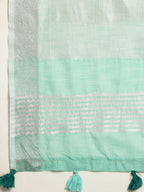 Shree Shyam Fashion Elegant Turquoise Woven Linen Saree with Contrast Zari Border & Tassels - Soft & Breathable Party Wear - Distacart