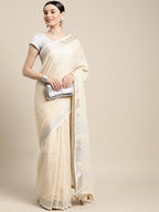 Shree Shyam Fashion Elegant Beige Woven Linen Saree with Contrast Zari Border & Tassels - Soft & Breathable Party Wear - Distacart