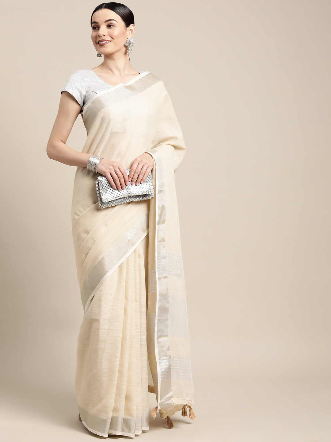 Shree Shyam Fashion Elegant Beige Woven Linen Saree with Contrast Zari Border & Tassels - Soft & Breathable Party Wear - Distacart