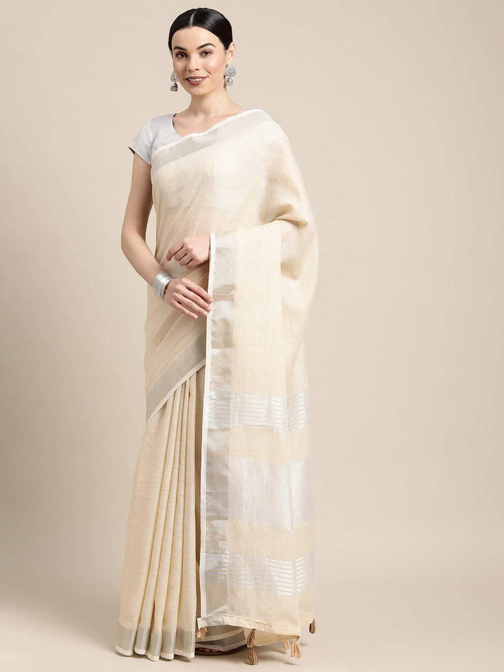 Shree Shyam Fashion Elegant Beige Woven Linen Saree with Contrast Zari Border & Tassels - Soft & Breathable Party Wear - Distacart