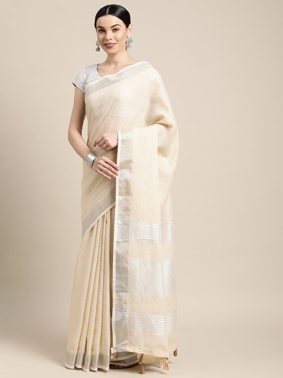 Shree Shyam Fashion Elegant Beige Woven Linen Saree with Contrast Zari Border & Tassels - Soft & Breathable Party Wear - Distacart