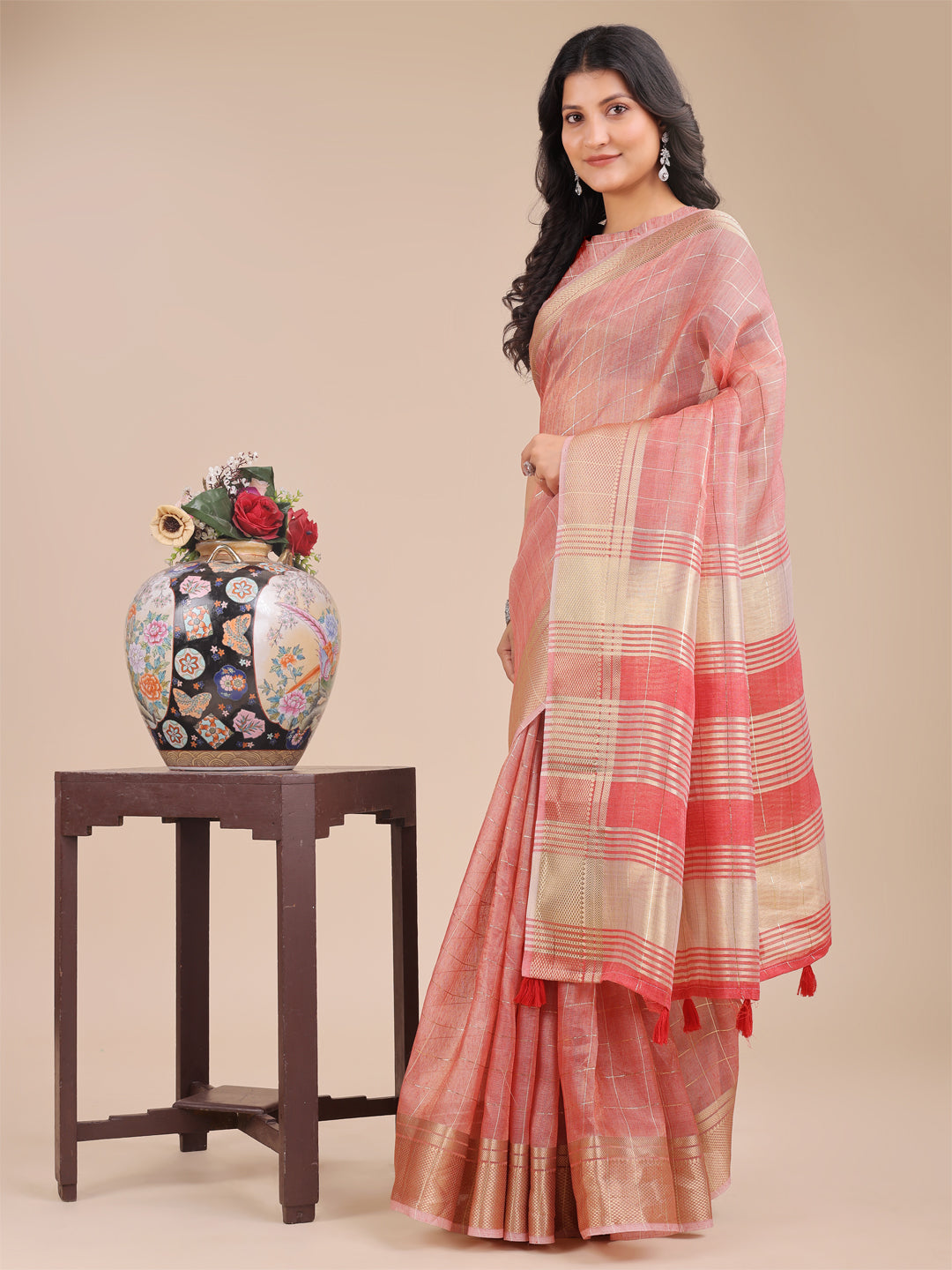 Shree Shyam Fashion Peach Organza Woven Zari Work Traditional Tassel Saree