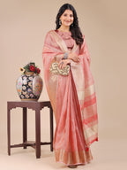 Shree Shyam Fashion Peach Organza Woven Zari Work Traditional Tassel Saree