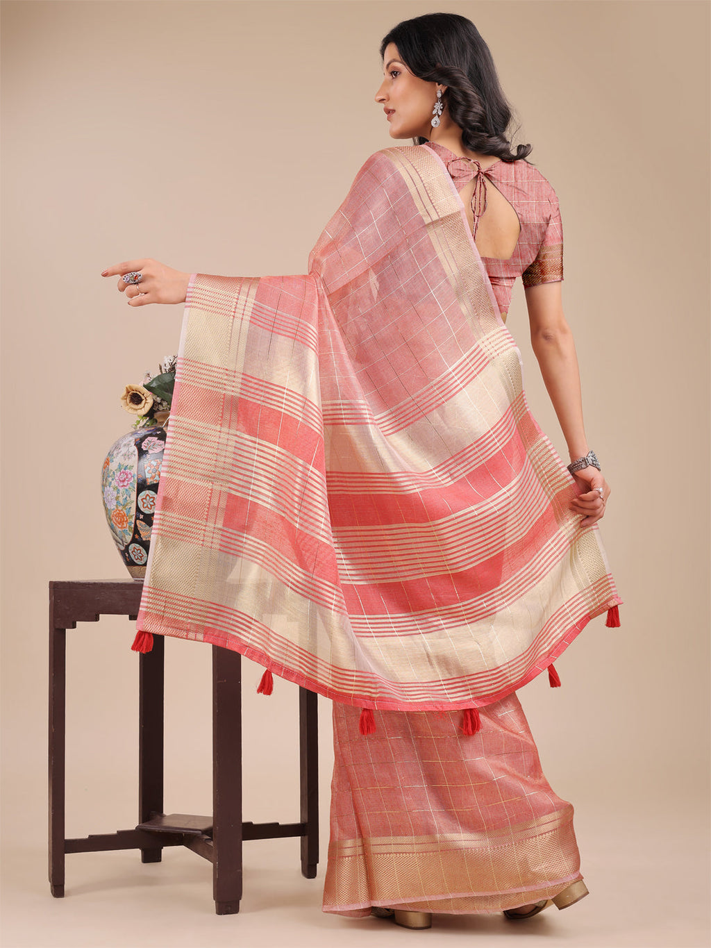 Shree Shyam Fashion Peach Organza Woven Zari Work Traditional Tassel Saree
