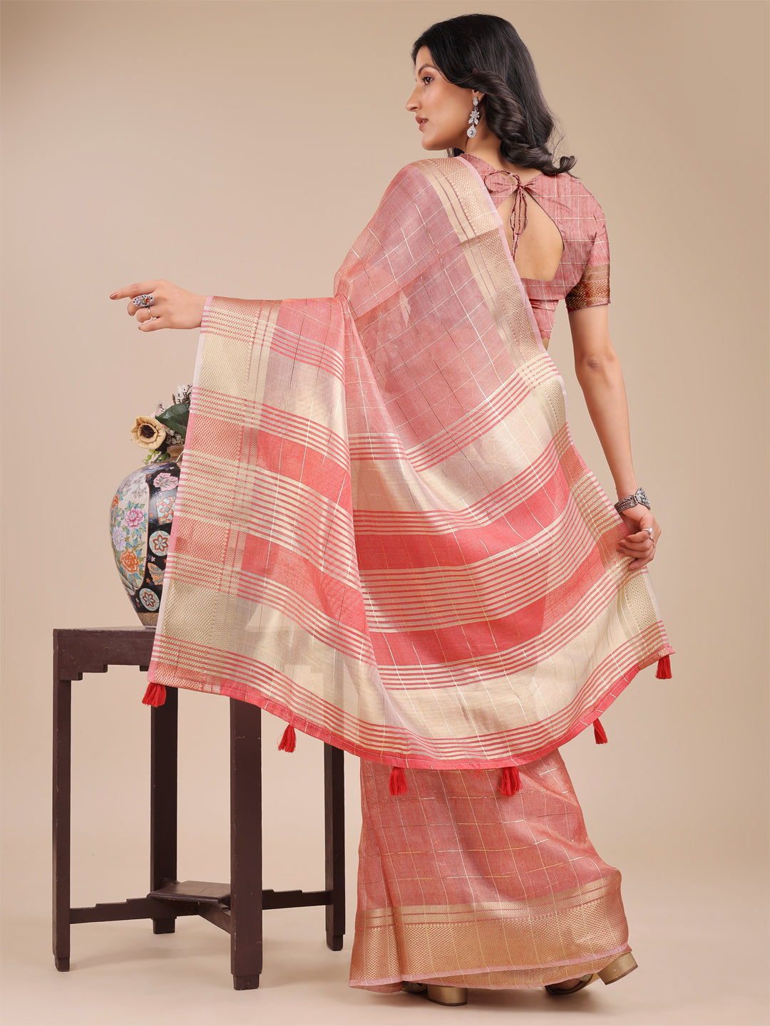 Shree Shyam Fashion Peach Organza Woven Zari Work Traditional Tassel Saree