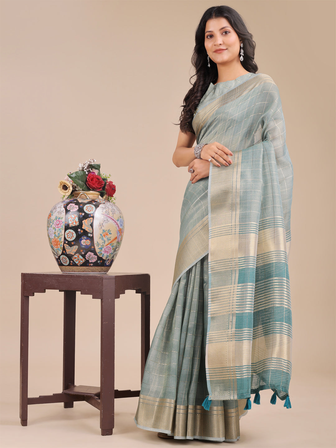 Shree Shyam Fashion Sea Green Organza Woven Zari Work Traditional Tassel Saree