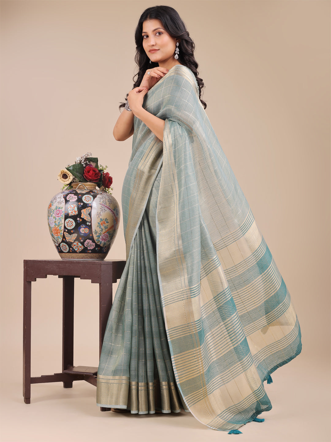 Shree Shyam Fashion Sea Green Organza Woven Zari Work Traditional Tassel Saree