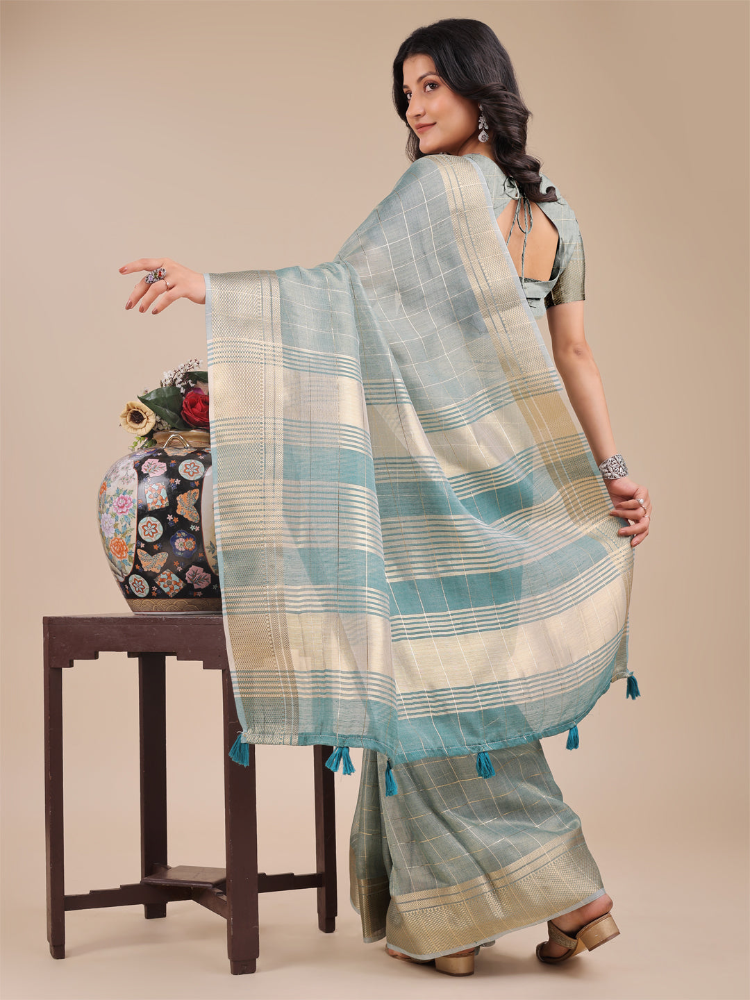 Shree Shyam Fashion Sea Green Organza Woven Zari Work Traditional Tassel Saree