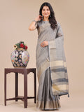 Shree Shyam Fashion Grey Organza Woven Zari Work Traditional Tassel Saree