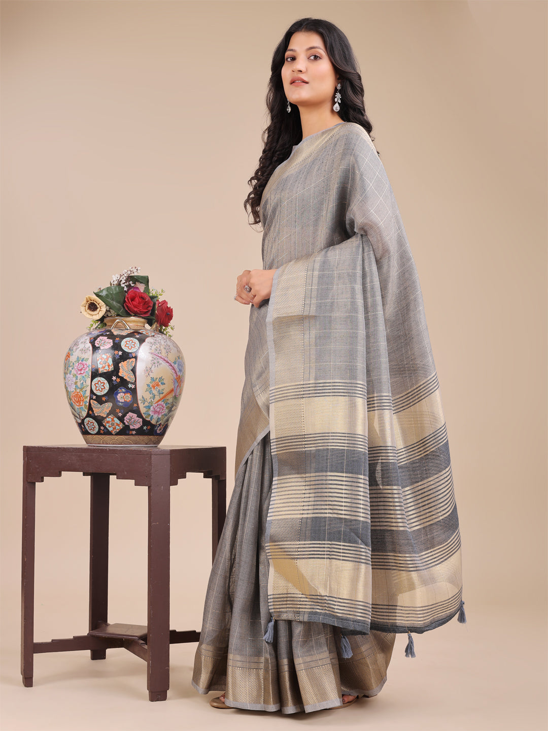 Shree Shyam Fashion Grey Organza Woven Zari Work Traditional Tassel Saree