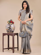 Shree Shyam Fashion Grey Organza Woven Zari Work Traditional Tassel Saree
