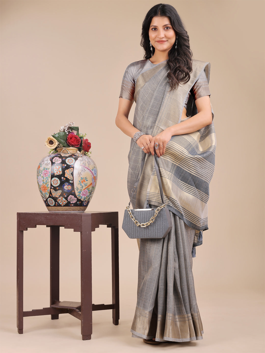 Shree Shyam Fashion Grey Organza Woven Zari Work Traditional Tassel Saree