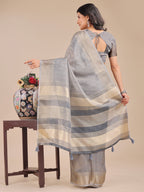 Shree Shyam Fashion Grey Organza Woven Zari Work Traditional Tassel Saree