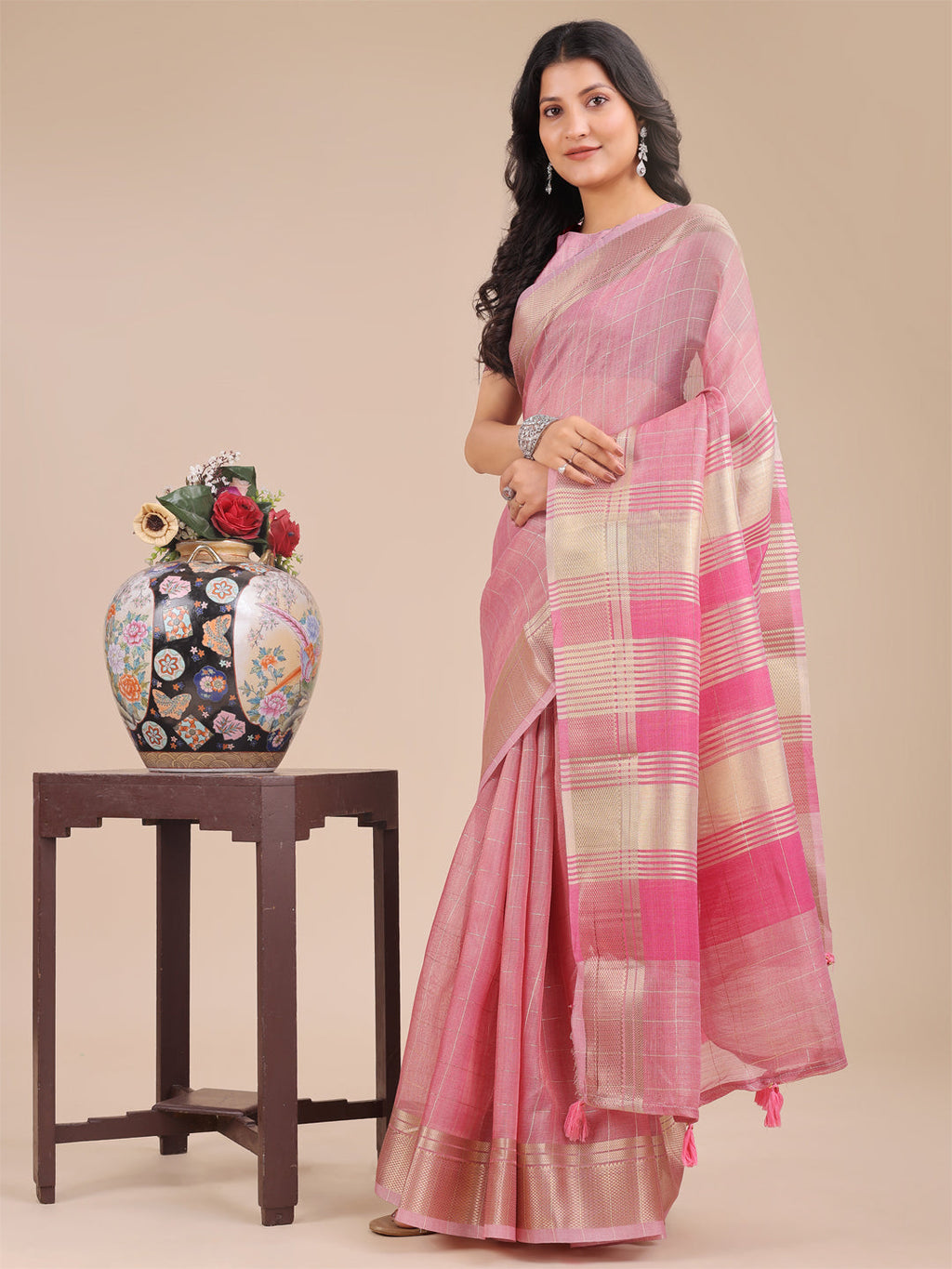 Shree Shyam Fashion Pink Organza Woven Zari Work Traditional Tassel Saree