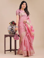 Shree Shyam Fashion Pink Organza Woven Zari Work Traditional Tassel Saree