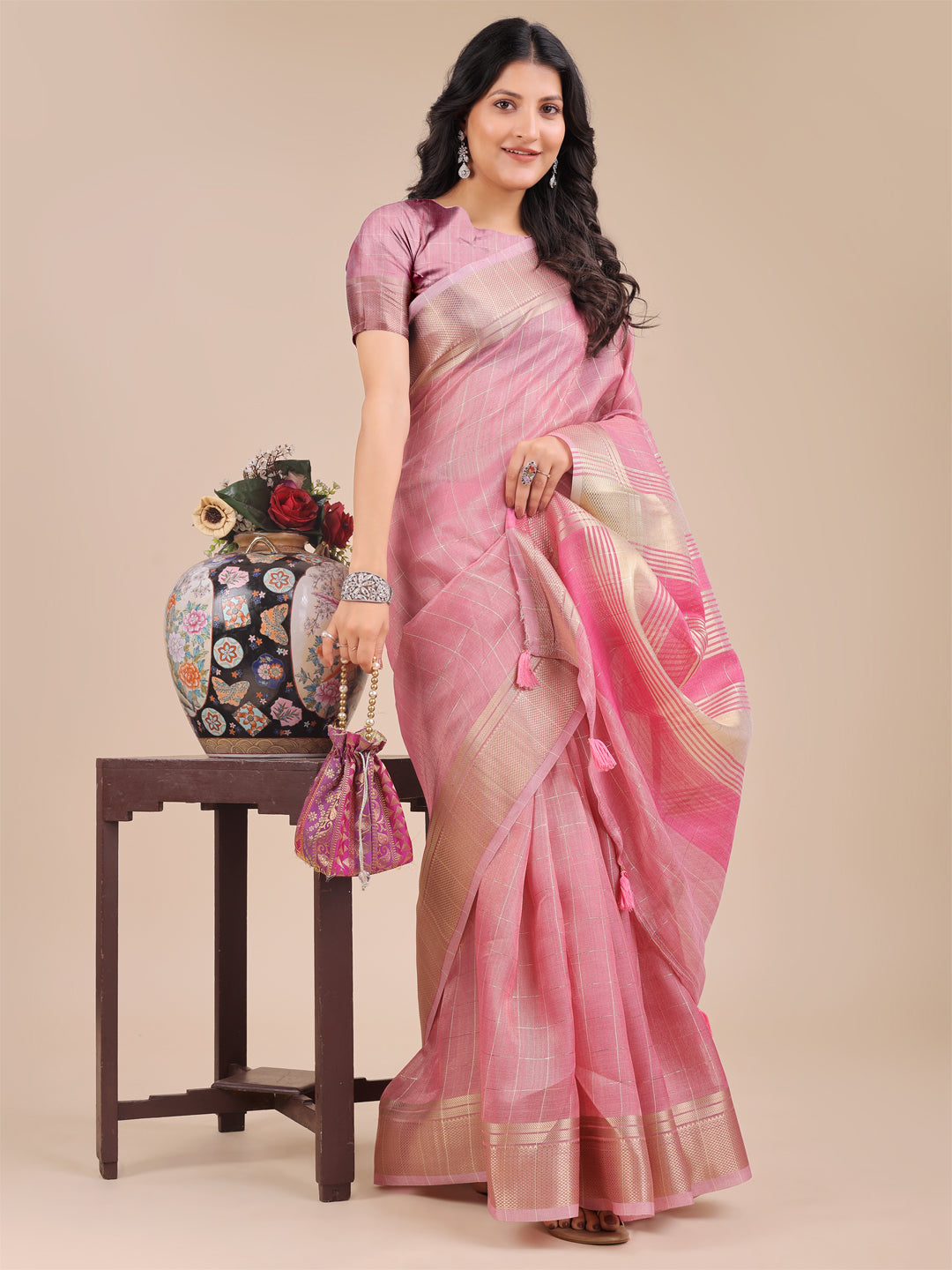 Shree Shyam Fashion Pink Organza Woven Zari Work Traditional Tassel Saree