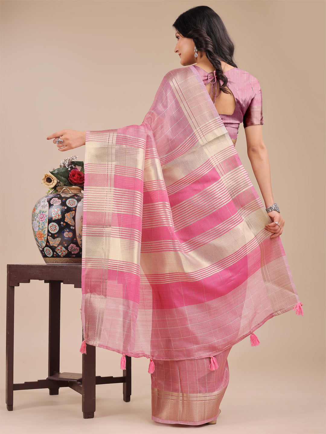 Shree Shyam Fashion Pink Organza Woven Zari Work Traditional Tassel Saree