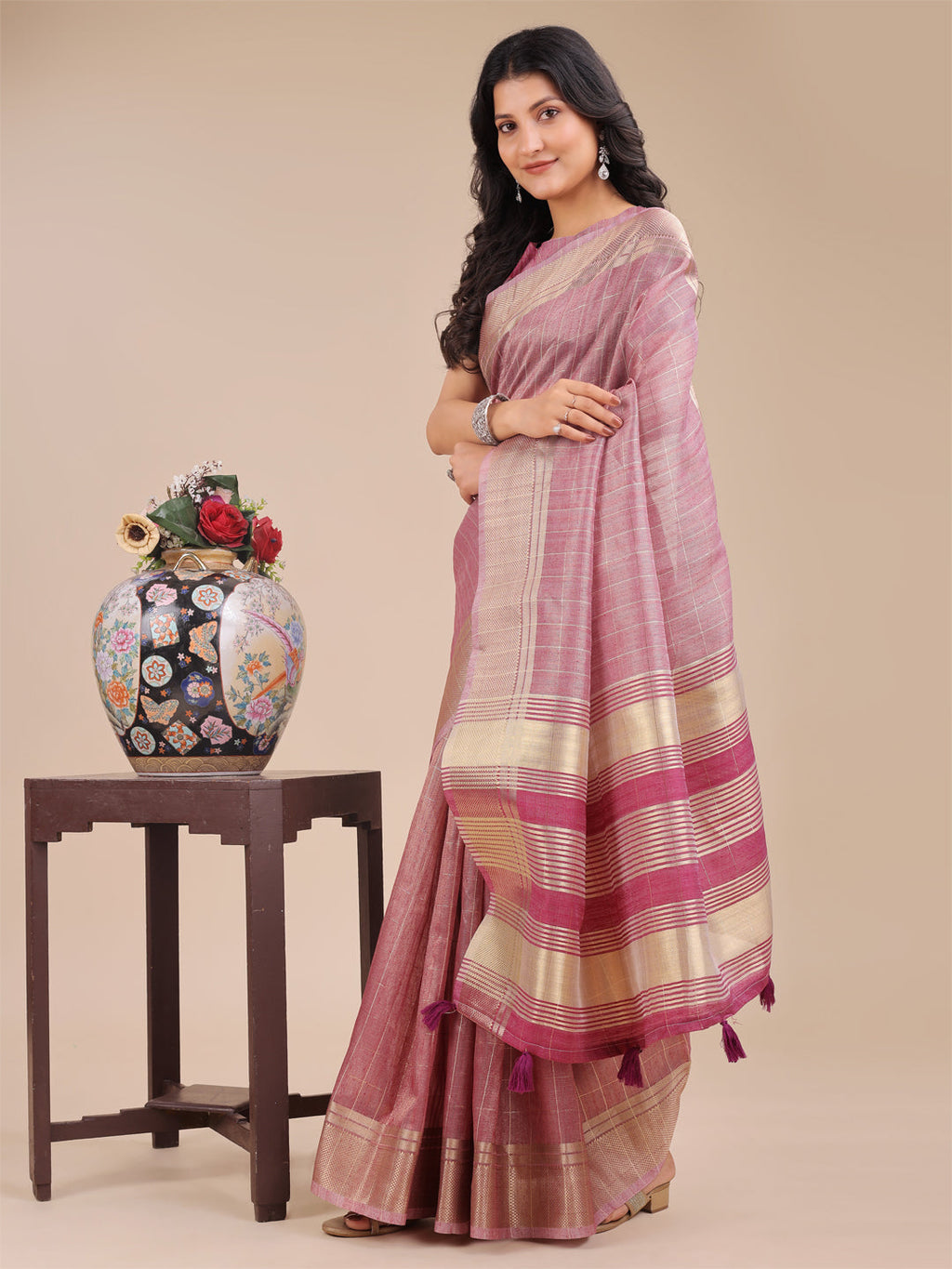 Shree Shyam Fashion Purple Organza Woven Zari Work Traditional Tassel Saree