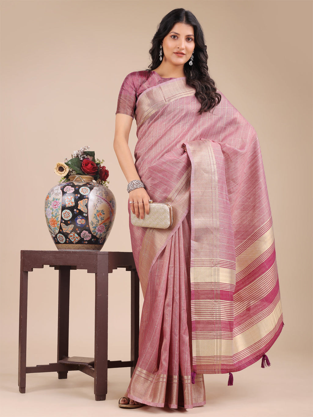 Shree Shyam Fashion Purple Organza Woven Zari Work Traditional Tassel Saree