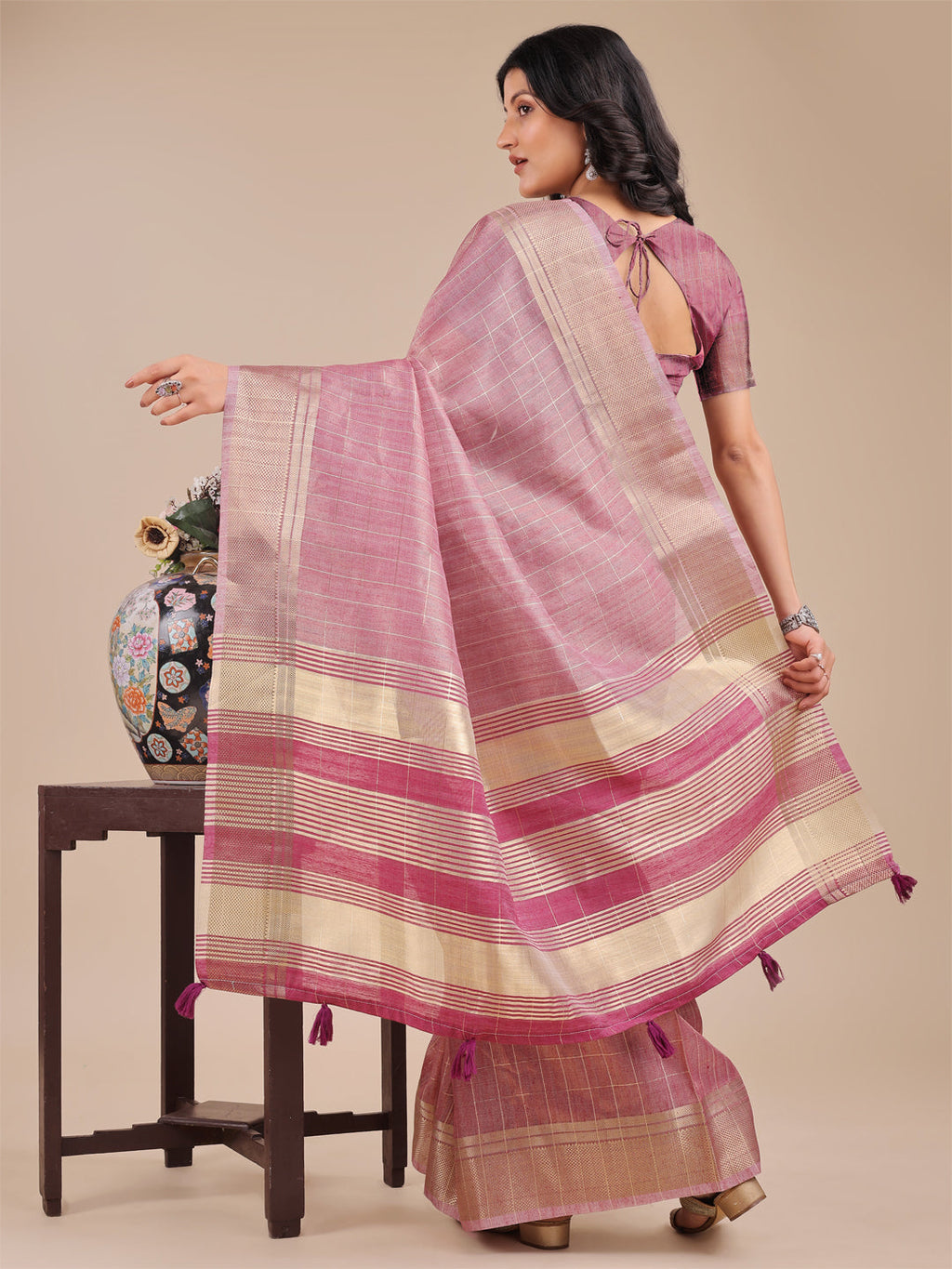 Shree Shyam Fashion Purple Organza Woven Zari Work Traditional Tassel Saree