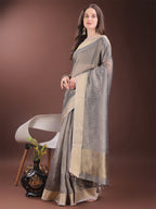 Shree Shyam Fashion Grey Organza Saree with Gold Checked Design - Elegant & Classy Traditional Wear for Formal & Festive Occasions