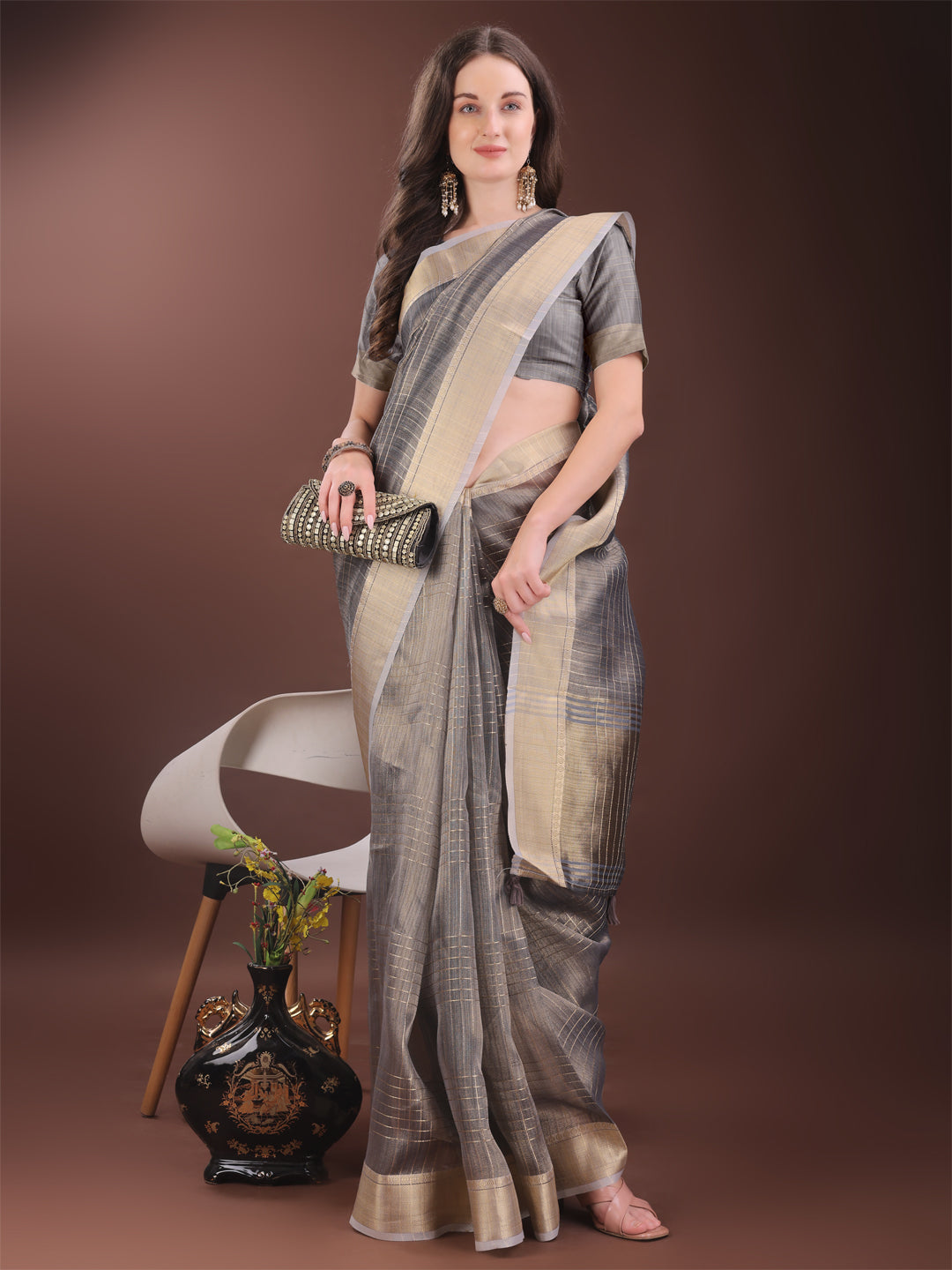 Shree Shyam Fashion Grey Organza Saree with Gold Checked Design - Elegant & Classy Traditional Wear for Formal & Festive Occasions