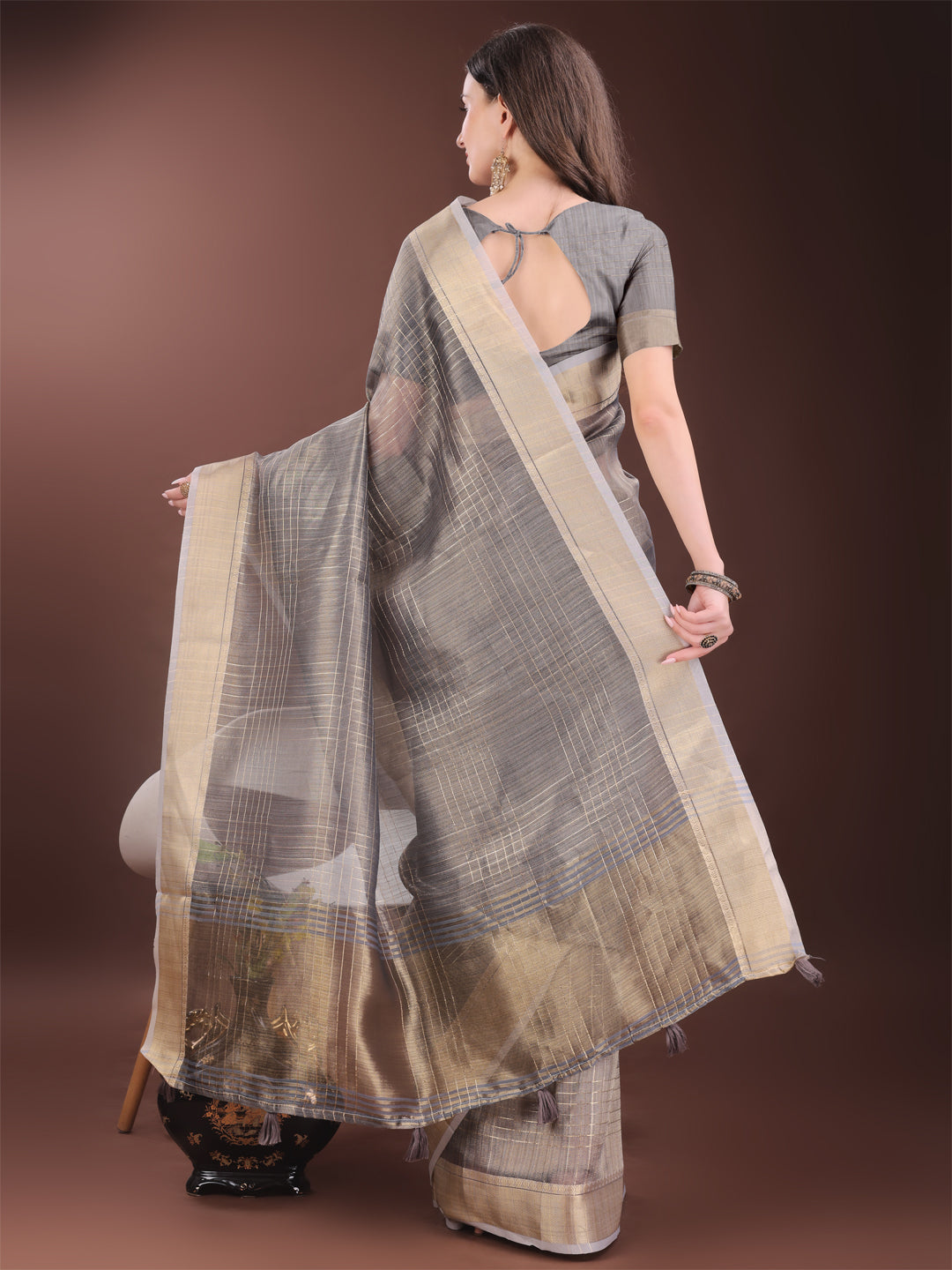 Shree Shyam Fashion Grey Organza Saree with Gold Checked Design - Elegant & Classy Traditional Wear for Formal & Festive Occasions