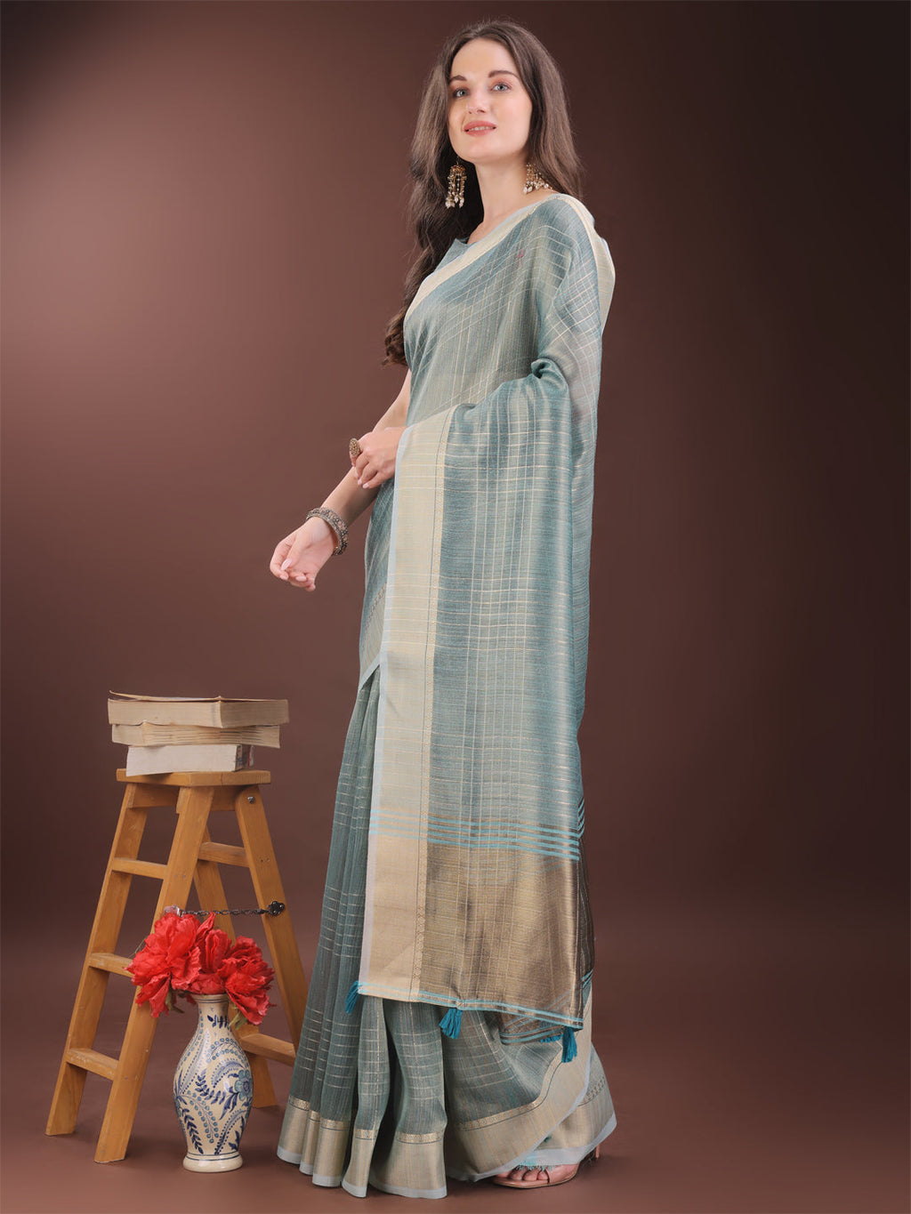 Shree Shyam Fashion Light Blue Organza Saree with Gold Checked Design - Elegant & Classy Traditional Wear for Formal & Festive Occasions