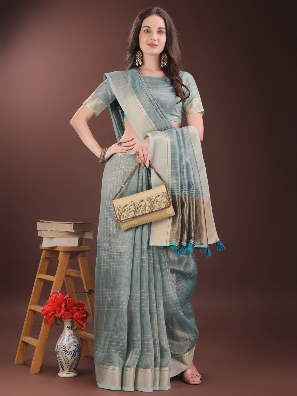 Shree Shyam Fashion Light Blue Organza Saree with Gold Checked Design - Elegant & Classy Traditional Wear for Formal & Festive Occasions