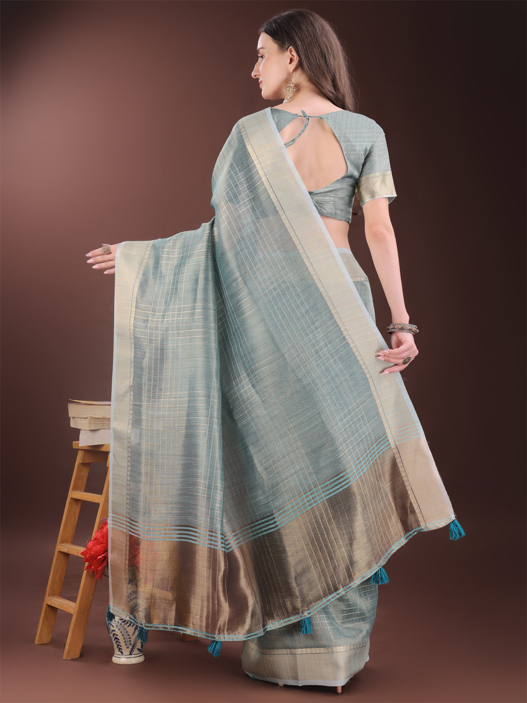 Shree Shyam Fashion Light Blue Organza Saree with Gold Checked Design - Elegant & Classy Traditional Wear for Formal & Festive Occasions